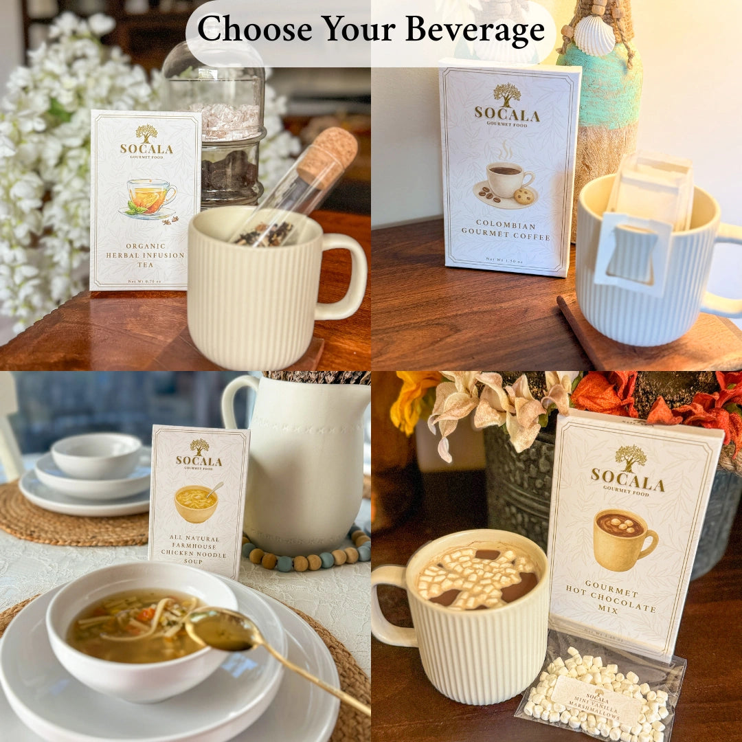 Collage of various beverages with Socala coffee packaging in different settings.