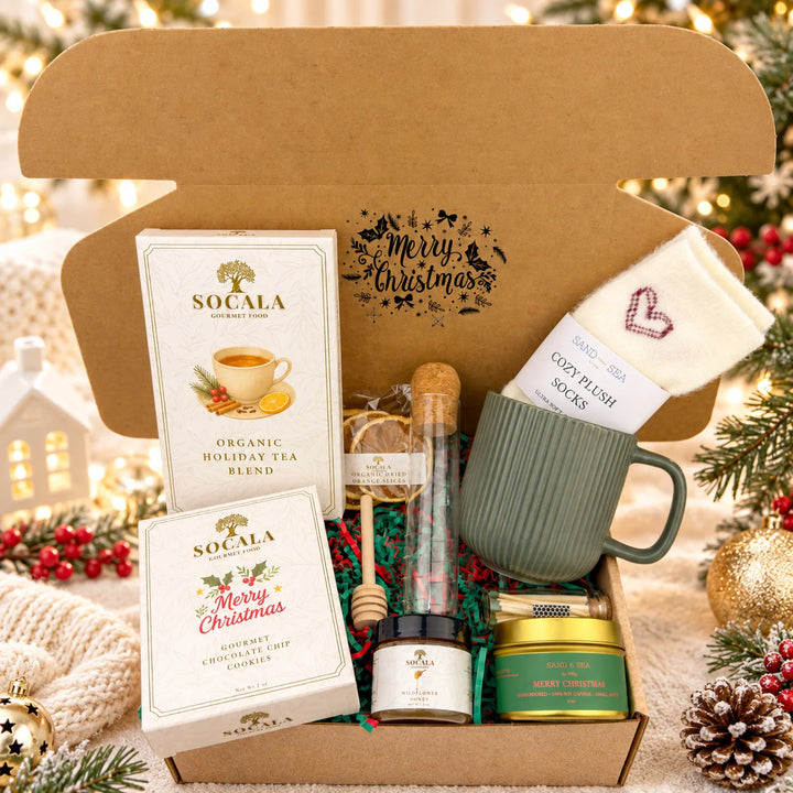 Gift set with tea, cookies, honey, and candles with &