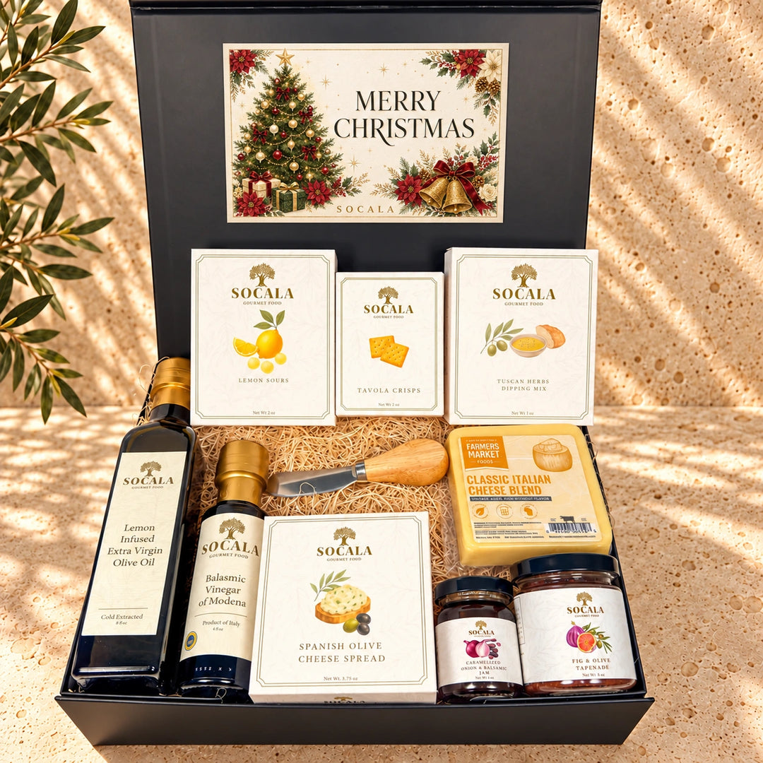 Gift box with Socala brand products including olive oil, vinegar, and cheese spread.