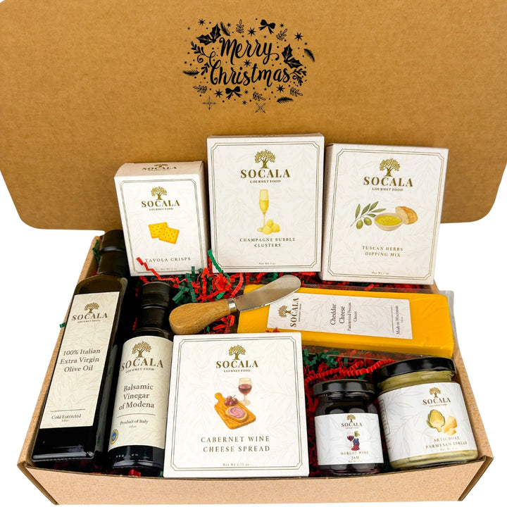 Gift box with Socala brand products including olive oil, vinegar, and cheese spread.