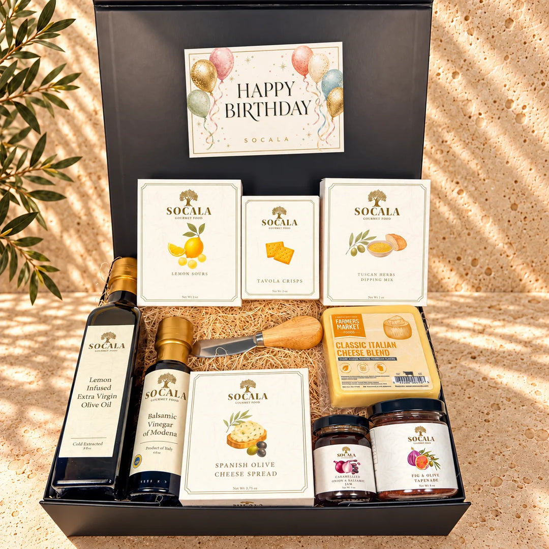 Gift box with Socala brand products including olive oil, cheese, and spreads 
