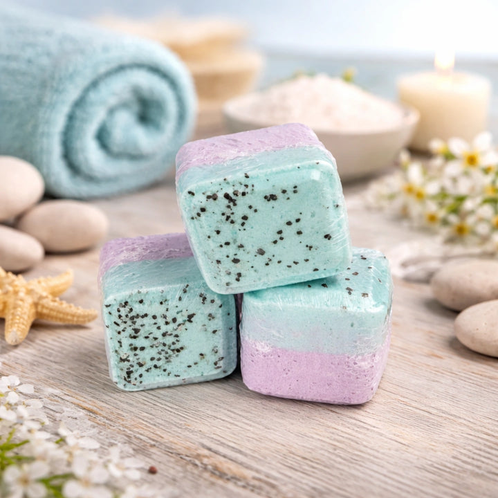 Stack of colorful shower steamers on a wooden surface with a towel and pebbles in the background.