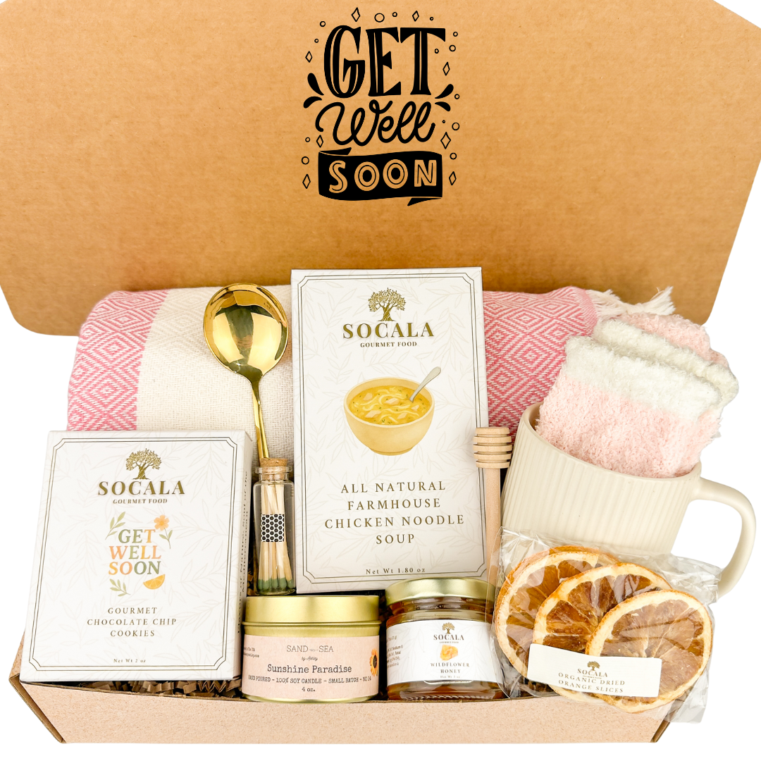 Get well soon care package with soup, cookies, and other items in a box.
