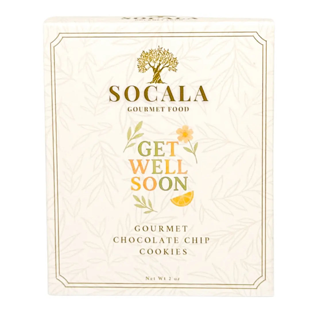 Socala Gourmet Food cookie package with 'Get Well Soon' message on a white background