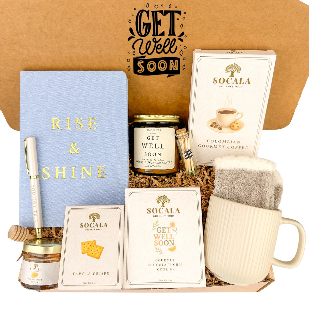 Get well soon care package with coffee, snacks, and a mug in a box.