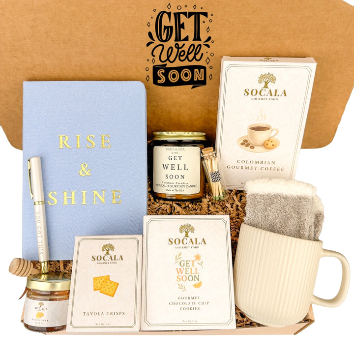 Get well soon care package with coffee, snacks, and a mug in a box.