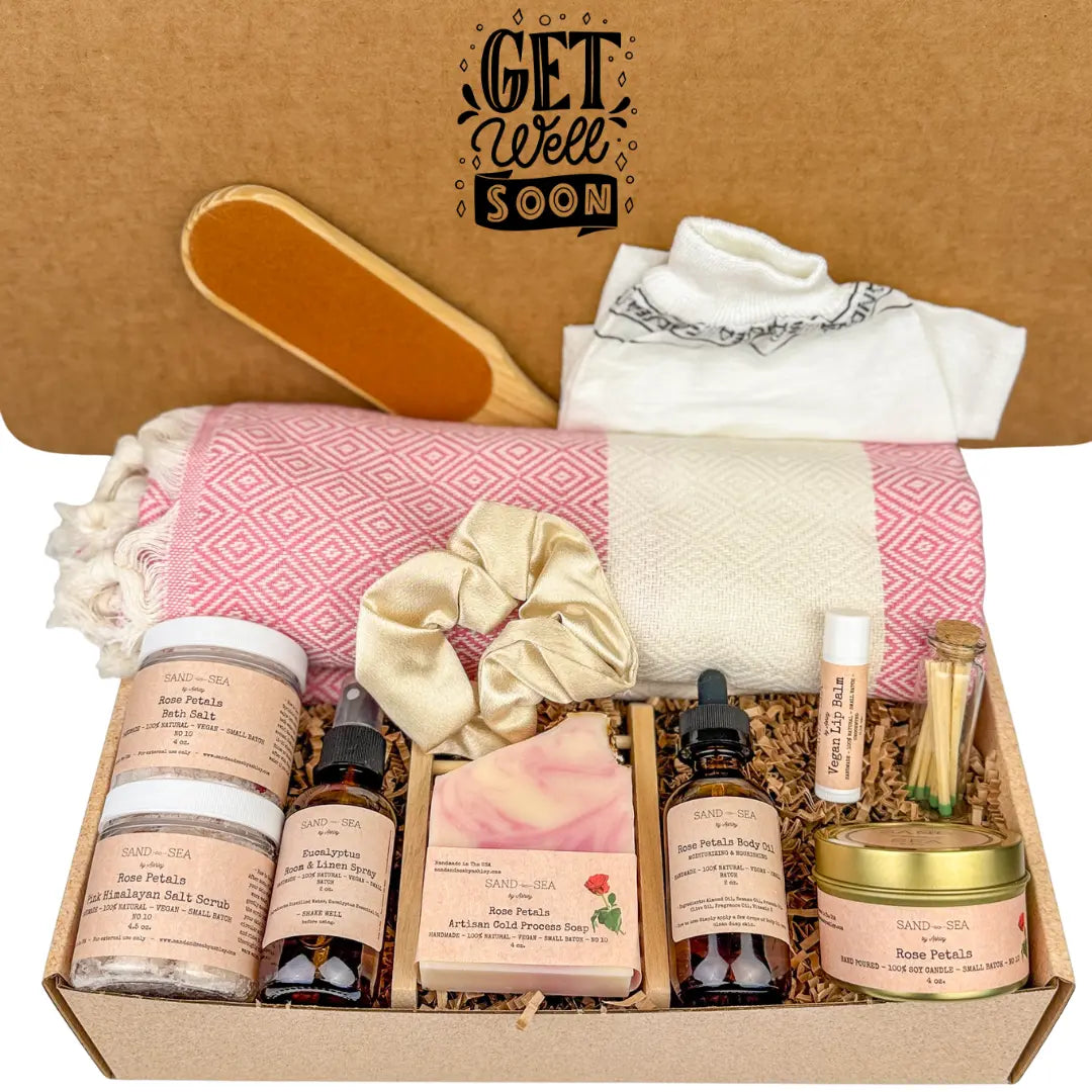 Get Well Soon Self Care Package for Women - Spa Gift Basket with Turkish Towel 13 pieces - Sand & Sea by Ashley