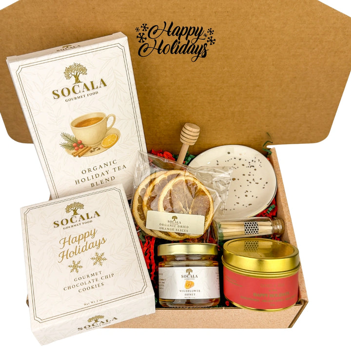 Gift box with Socala tea and cookies, featuring 'Happy Holidays' text.
