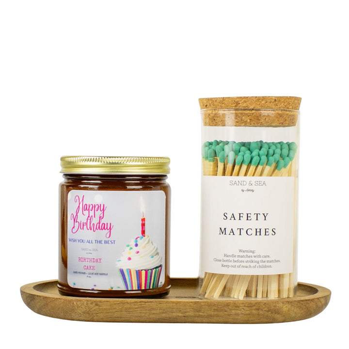 Birthday Candle Gift Sets - Happy Birthday Candle, Safety Matches, and Wooden Tray