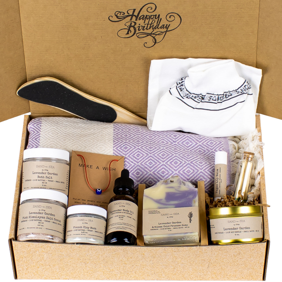 Birthday Gift Basket for her with a Bath Towel and spa products lavender scent Sand & Sea by Ashey