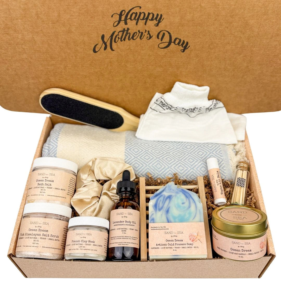 Happy Mother's Day Spa Gift Set with Turkish Beach Towel - Relaxing, Destress, Ocean Dream Skin Care Package for Mom 13 pcs - Sand & Sea by Ashley