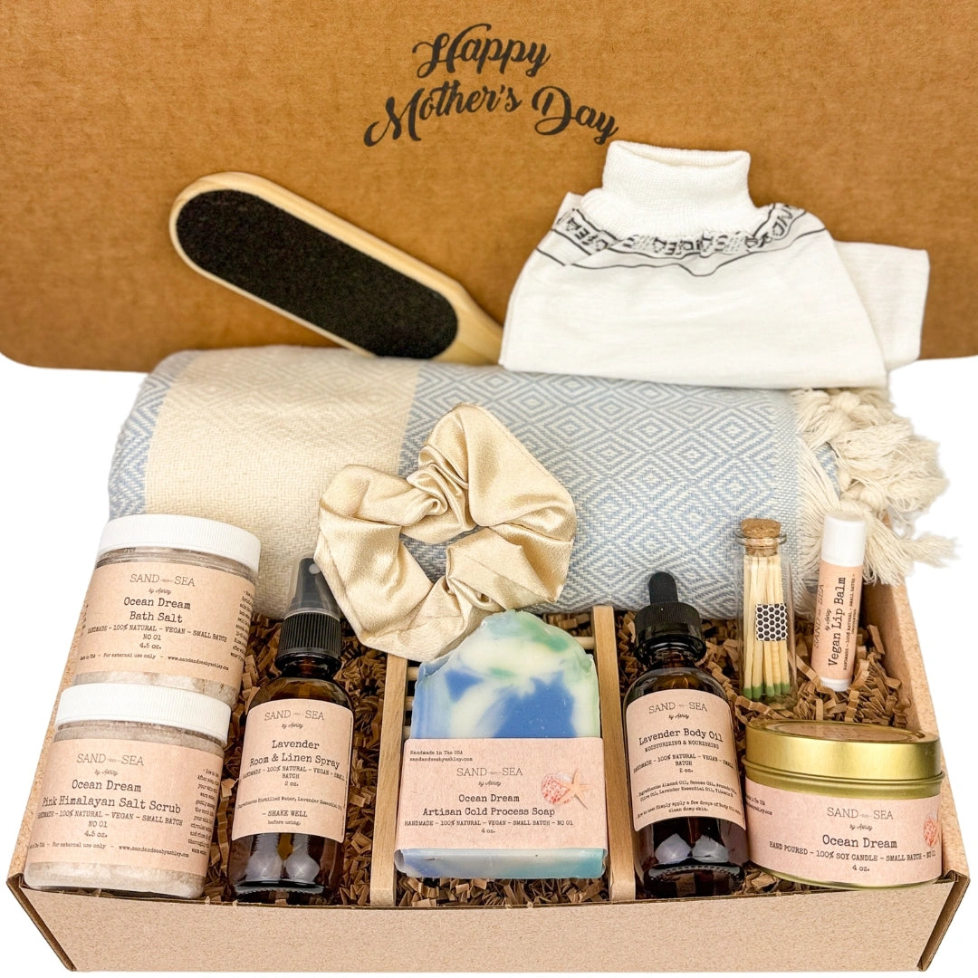 Happy Mother's Day Spa Gift Set with Turkish Beach Towel - Relaxing, Destress, Ocean Dream Skin Care Package for Mom 13 pcs - Sand & Sea by Ashley