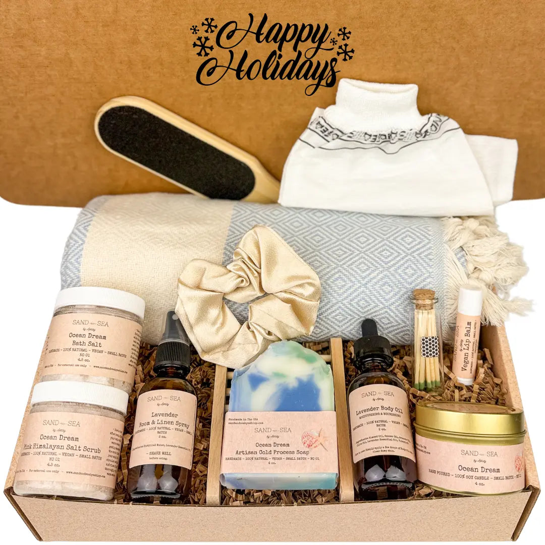 happy holidays spa box with natural vegan bath and body products