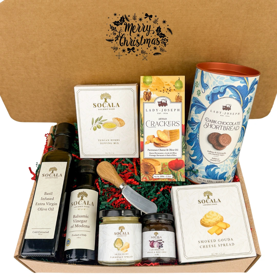 Gourmet gift box with olive oil, cheese, crackers, and shortbread, featuring 'Merry Christmas' on the lid.