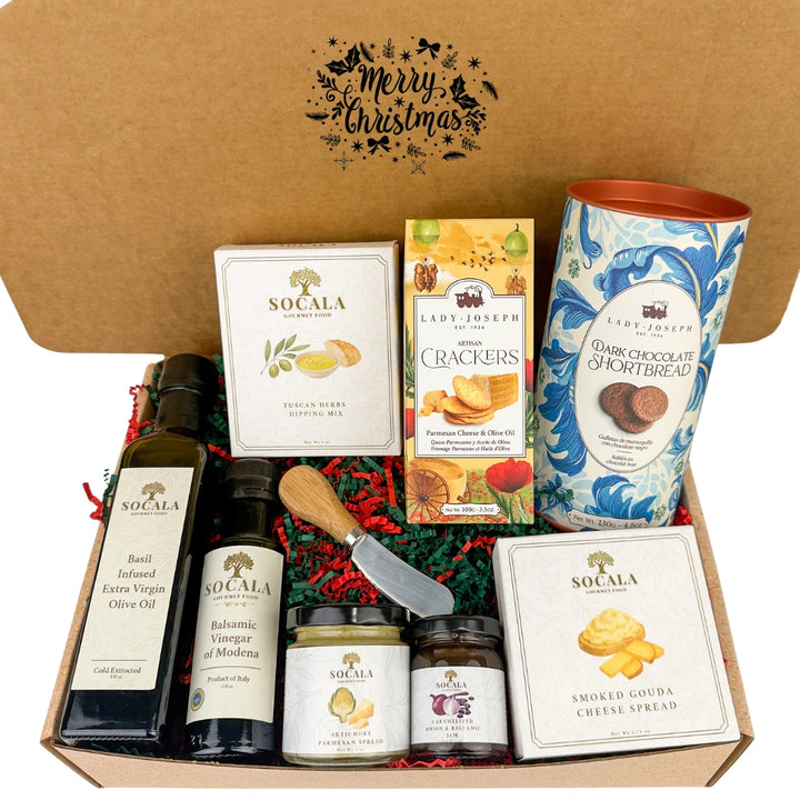 Gourmet gift box with olive oil, cheese, crackers, and shortbread, featuring 'Merry Christmas' on the lid.