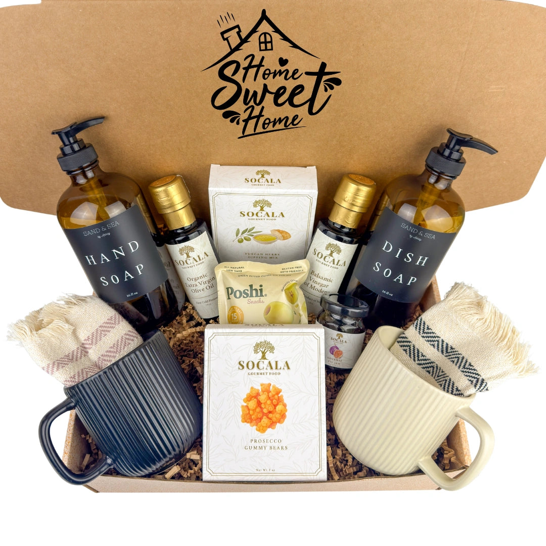 Gift basket with various items including hand soap, dish soap, mugs, and snacks with 'Home Sweet Home' branding.