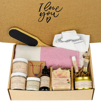 I Love You Valentine's Day Spa Gift Set - Handmade Rose Petals Spa Gift Kit with Turkish Towel 13 pieces