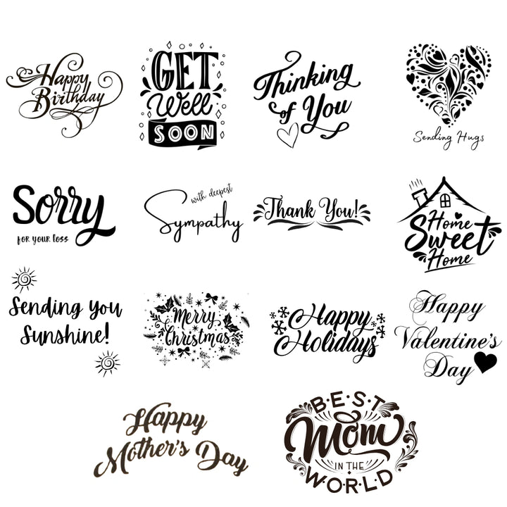 Collection of various hand-written text phrases on a white background