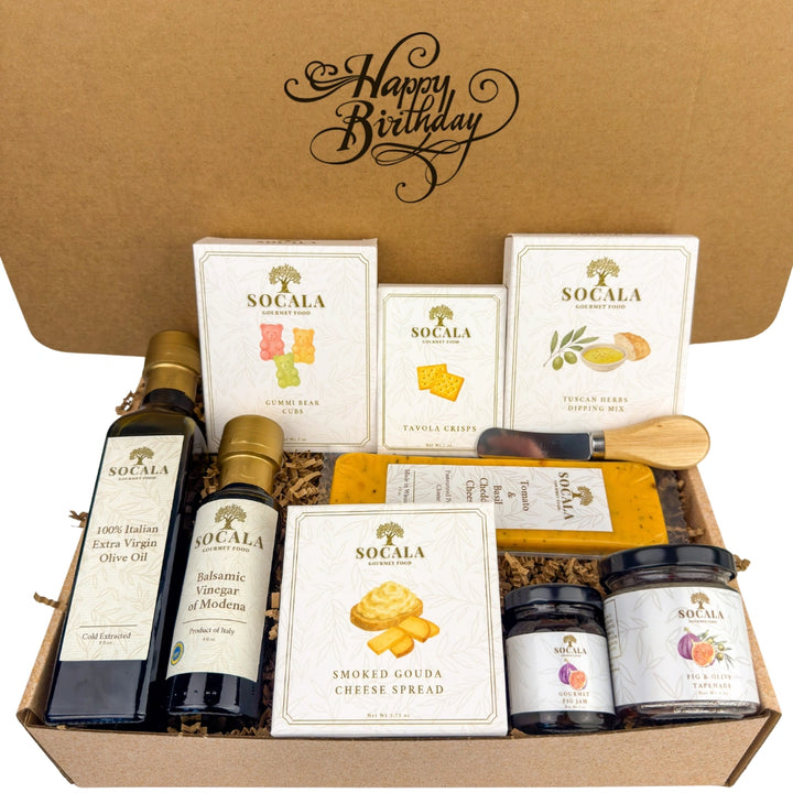 Gift box with Socala brand products including olive oil, cheese, and spreads with a 'Happy Birthday' message.
