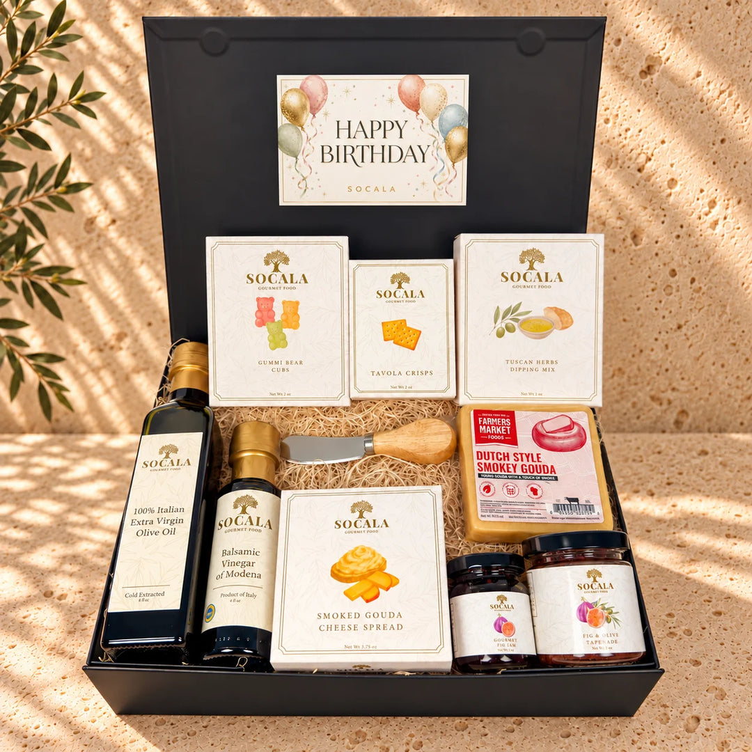 Gift box with Socala brand products including olive oil, cheese, and spreads with a 'Happy Birthday' message.