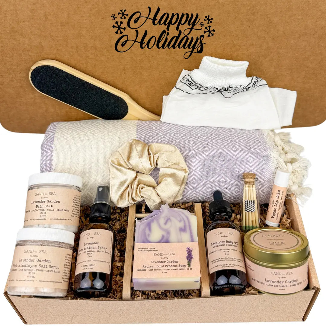 happy holidays spa gift basket with lavender soap, candle, and towel