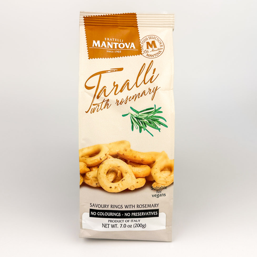 Packaging of Taralli with rosemary by Fratelli Mantova on a white background