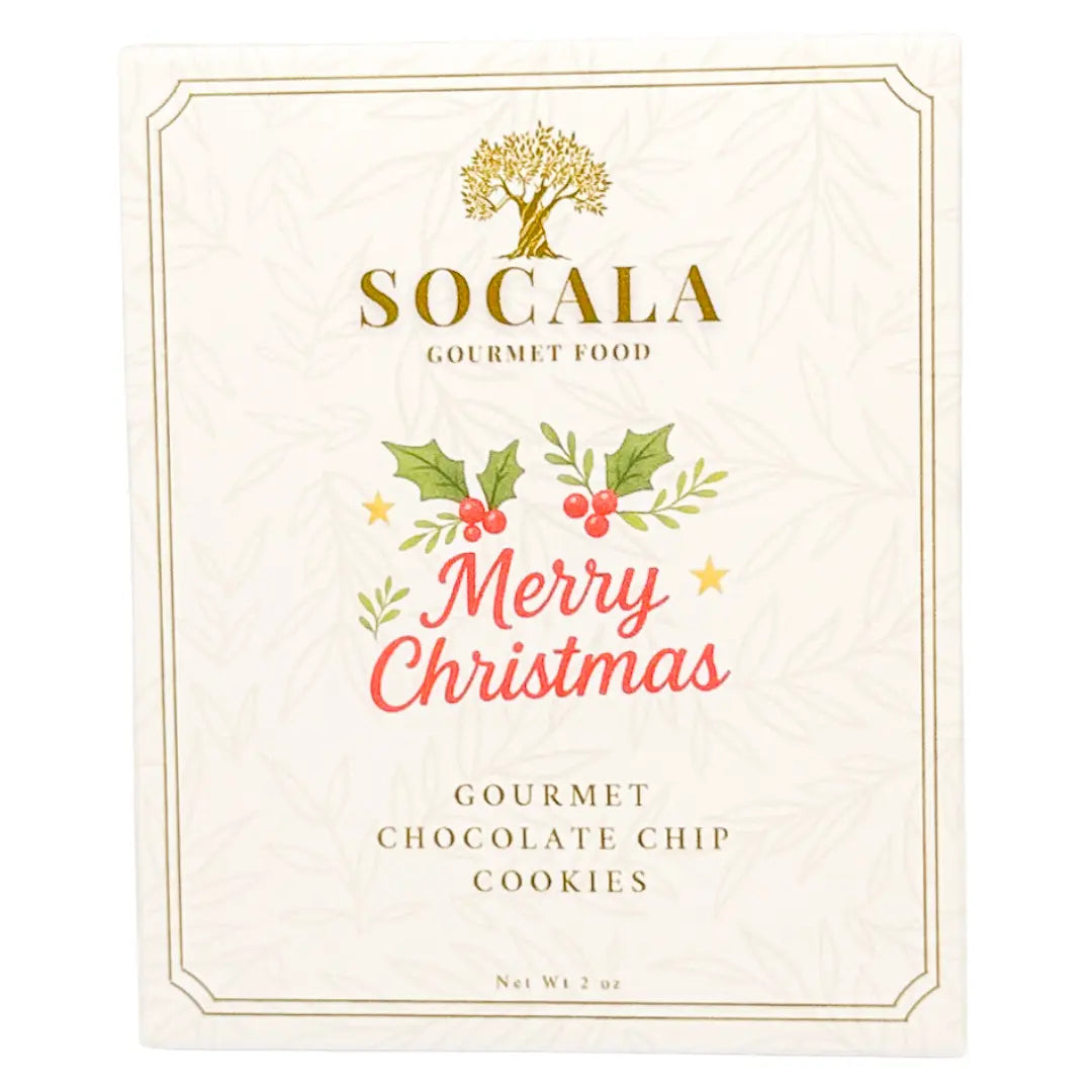 Socala Gourmet Food Christmas cookie package with holly design