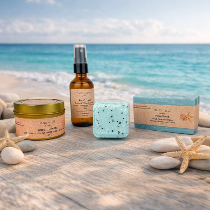 Spa products on a beach with ocean view