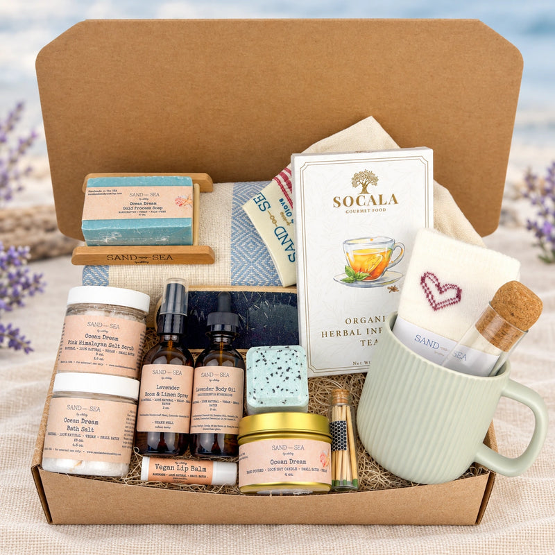 Ocean Dream luxury spa gift basket for her with Turkish towel, mug, organic tea, candle, bath essentials, and self-care products