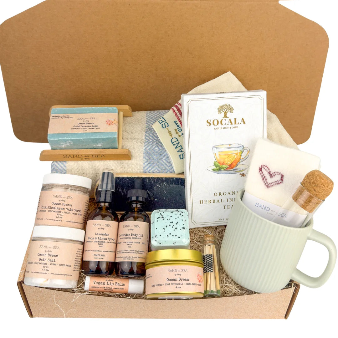 Ocean Dream luxury spa gift basket for her with Turkish towel, mug, organic tea, candle, bath essentials, and self-care products
