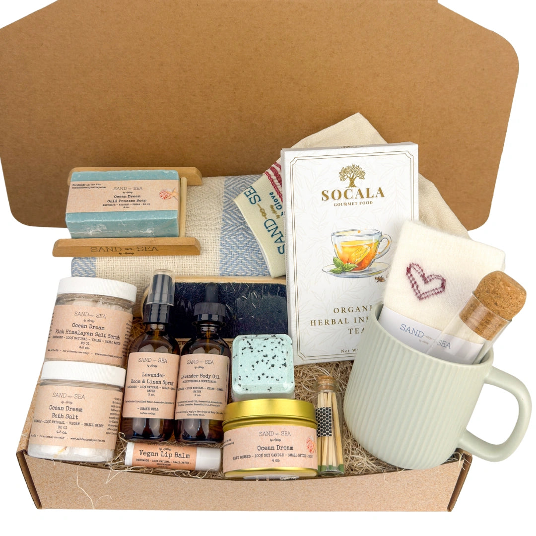 Ocean Dream luxury spa gift basket for her with Turkish towel, mug, organic tea, candle, bath essentials, and self-care products