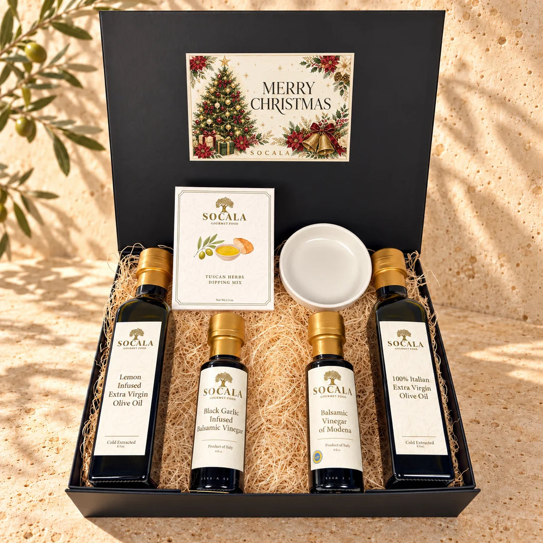 Gift set with Socala olive oil and vinegar bottles in a decorative box.