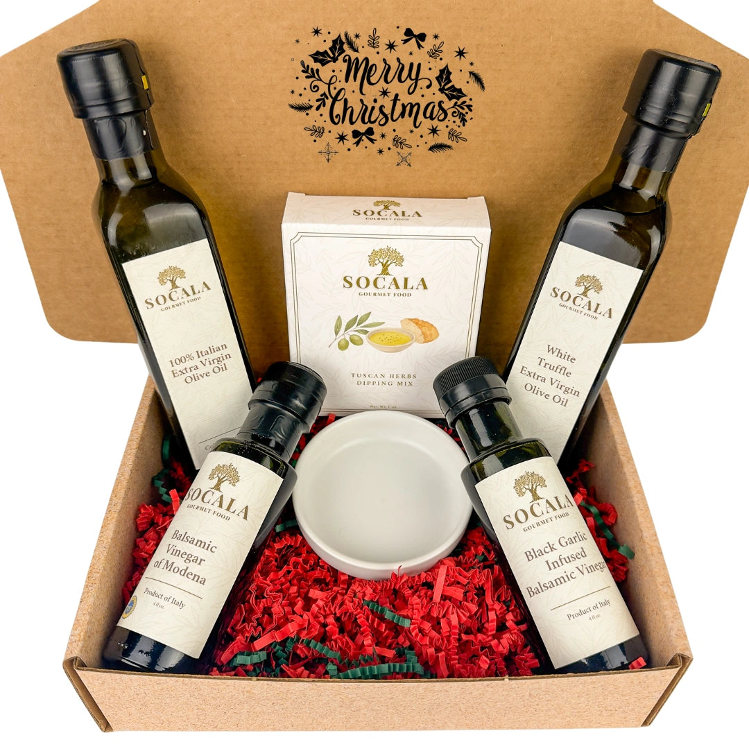 Gift set with Socala olive oil and vinegar bottles in a decorative box.