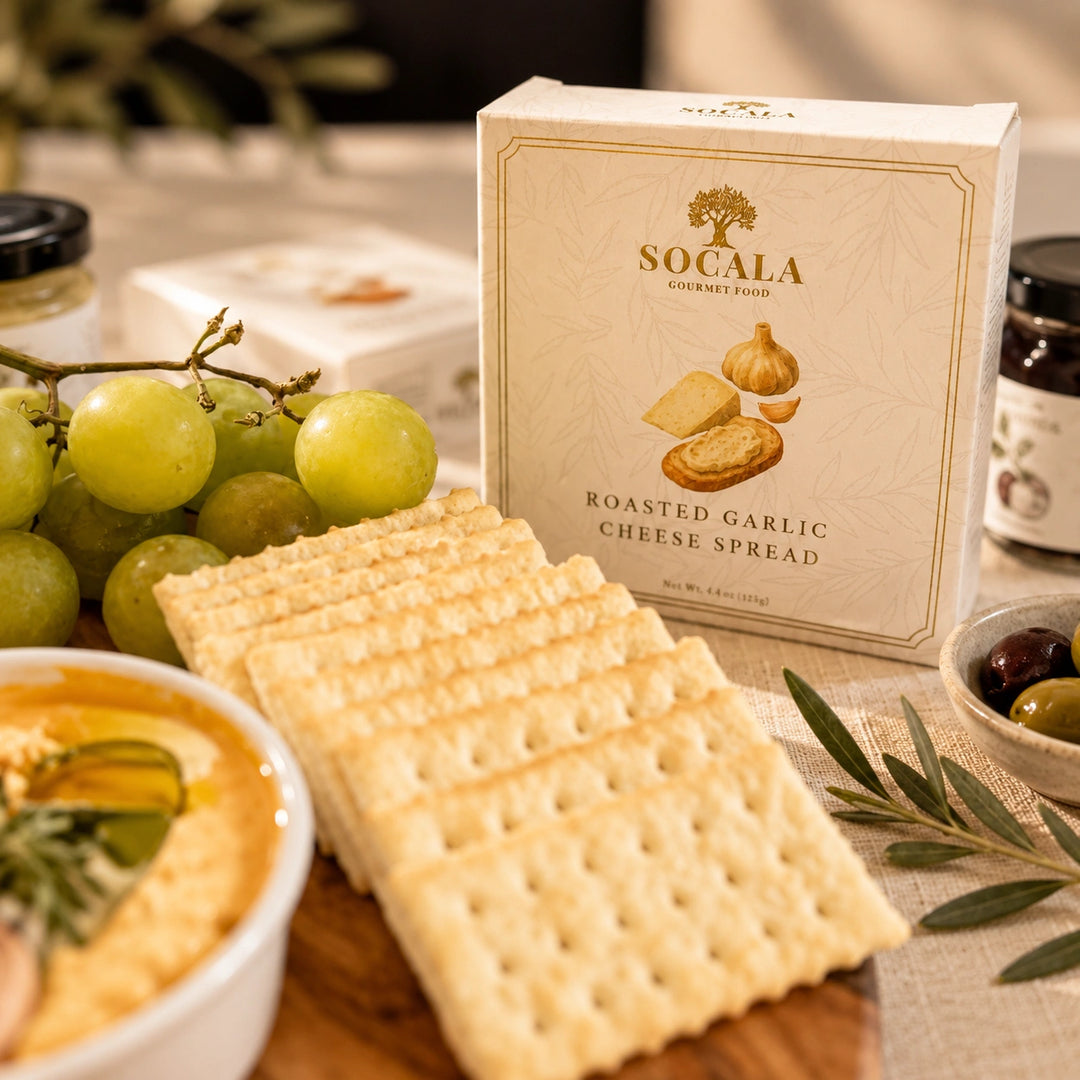 A box of Socala Gourmet Foods Roasted Garlic Cheese Spread stands on a tabletop beside crackers, green grapes, a bowl of spread, olives, and herbs in a styled food setting.