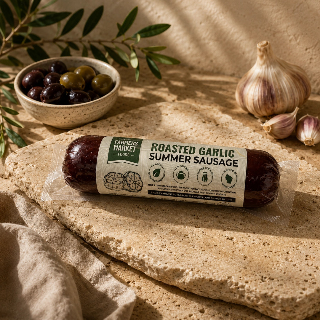 A package of Farmhouse Market Roasted Garlic Summer Sausage lies on a stone slab, surrounded by garlic bulbs, a bowl of olives, and olive branches in a warm, rustic setting.