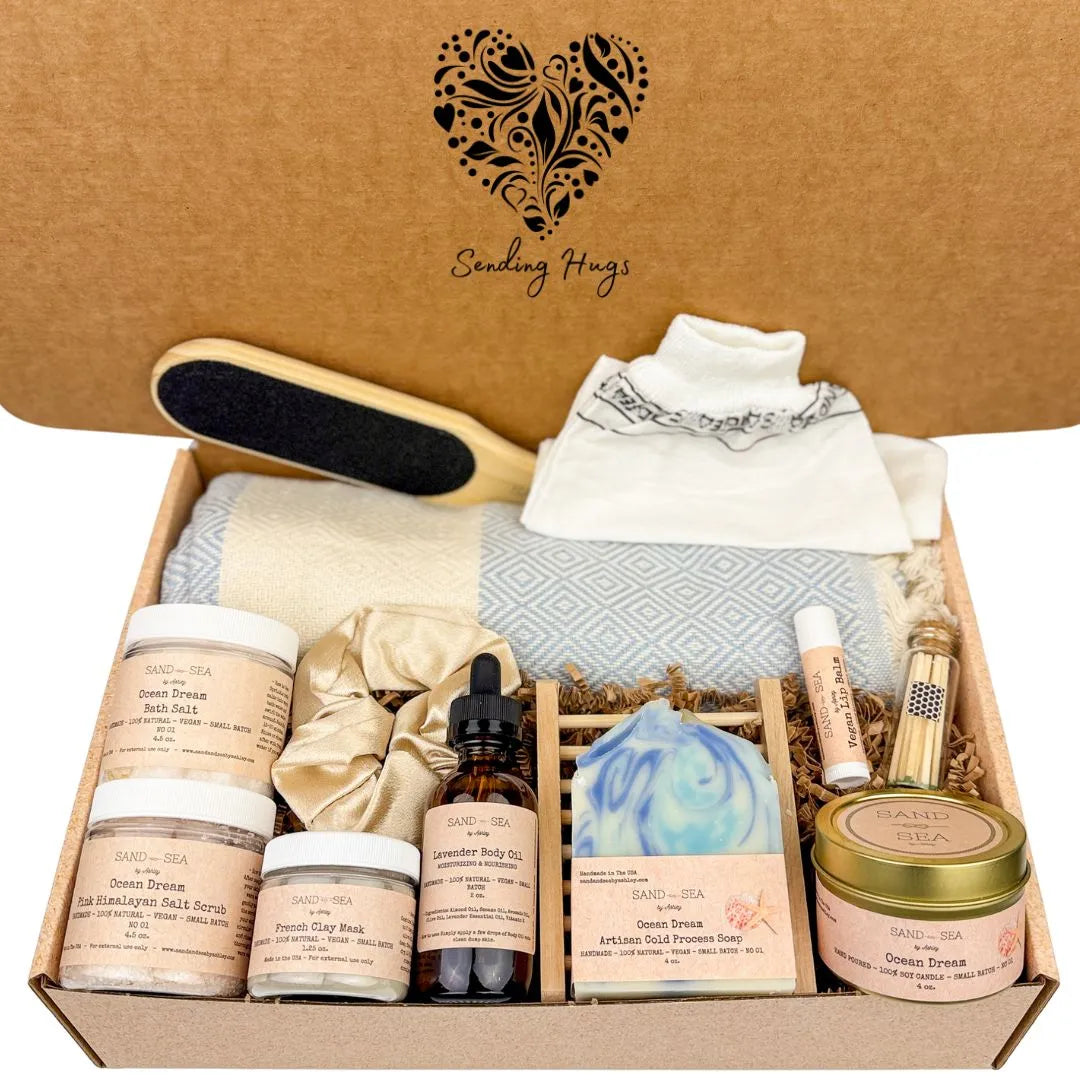 Sending Hugs Gift Baskets for Her- Self Care Gift Box with Turkish Peshtemal 13 pieces - Sand & Sea by Ashley