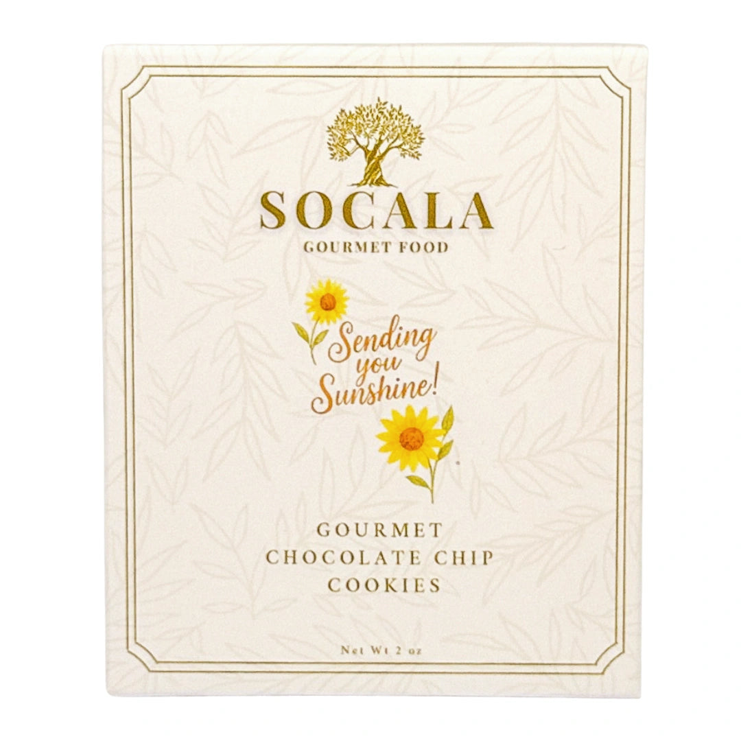 Socala Gourmet Food cookie package with sunflower design and text 'Sending you Sunshine!'