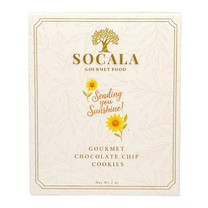 Socala Gourmet Food cookie package with sunflower design and text 'Sending you Sunshine!'