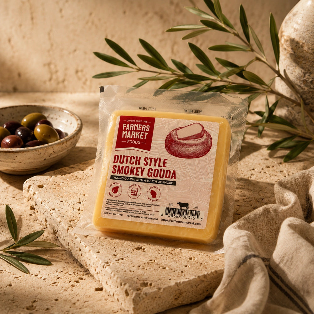 A packaged wedge of cheese labeled 'Dutch Style Smokey Gouda' by Farmers Market Foods, placed on a stone slab with olive branches, olives, and a linen cloth in a warm rustic setting.
