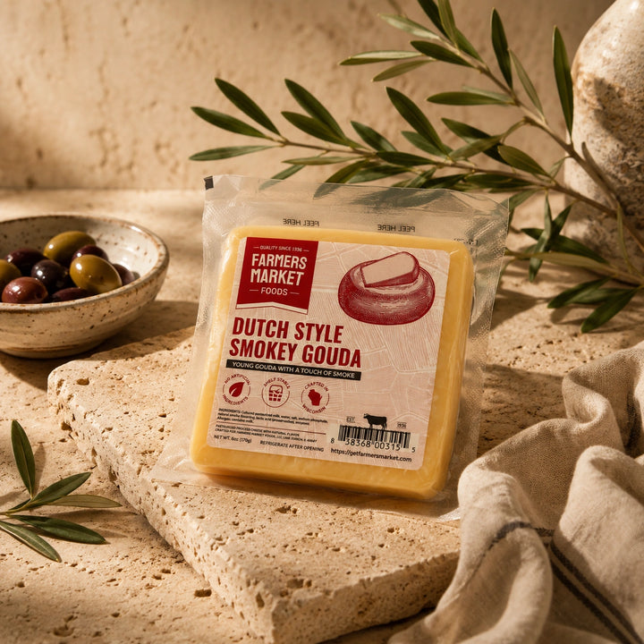 A packaged wedge of cheese labeled 'Dutch Style Smokey Gouda' by Farmers Market Foods, placed on a stone slab with olive branches, olives, and a linen cloth in a warm rustic setting.