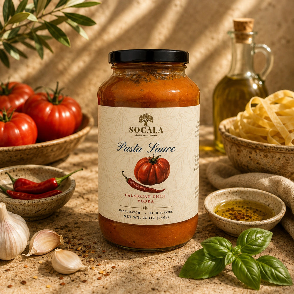 A jar of Socala Calabrian Chilli Vodka Pasta Sauce is centered on a rustic stone surface, surrounded by tomatoes, garlic, basil, pasta, oil, and chili peppers in a warm, styled food scene.