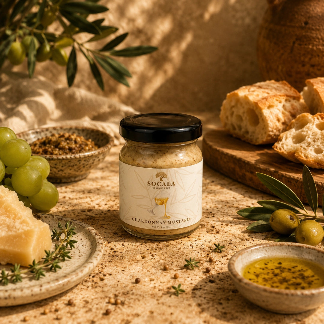 A jar of Socala Chardonnay Mustard centered on a rustic stone surface, surrounded by bread, olives, grapes, cheese, and bowls in a warm, styled food scene.