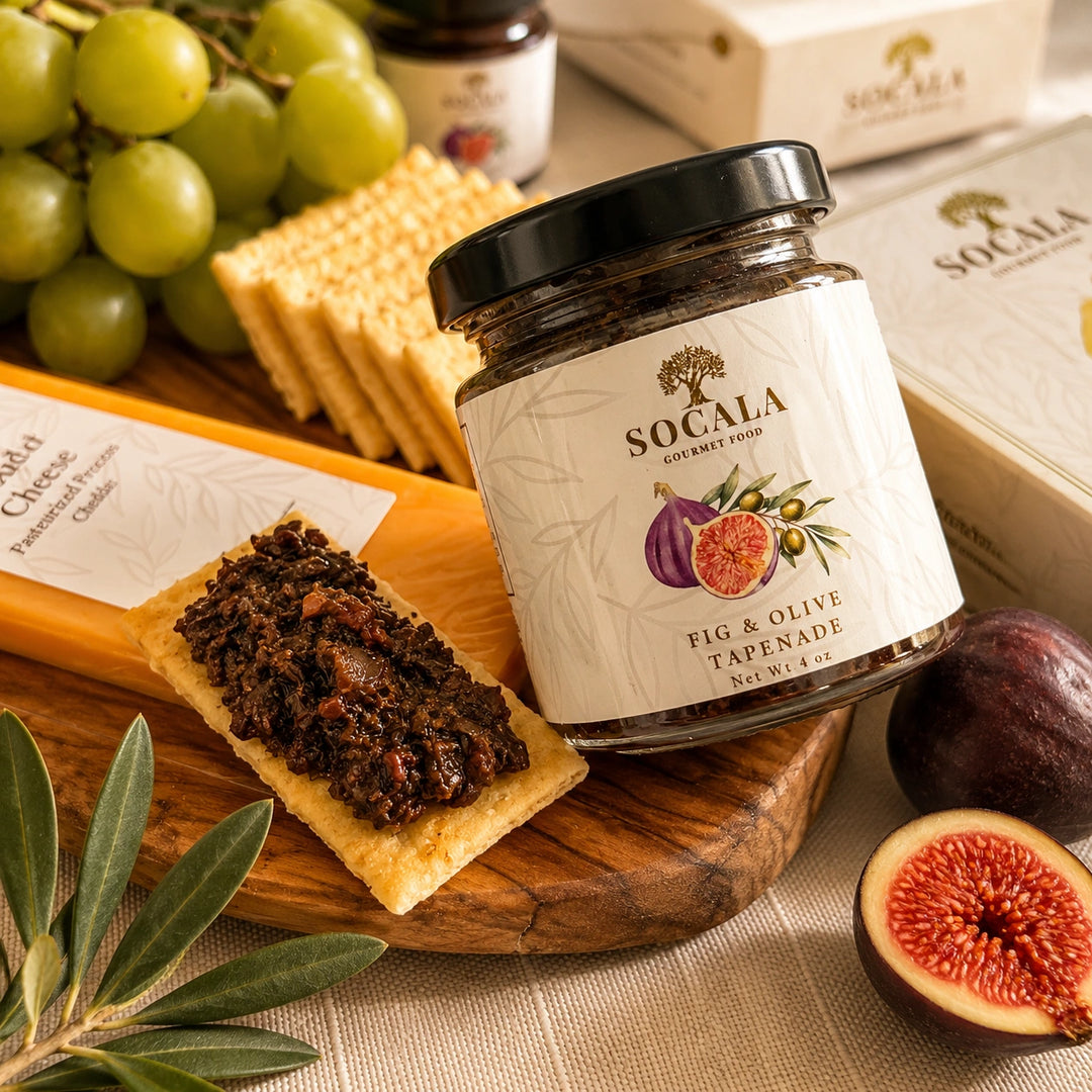 A jar of Socala Fig & Olive Tapenade spread is styled on a wooden board with crackers, green grapes, figs, and olive leaves on a textured tablecloth.