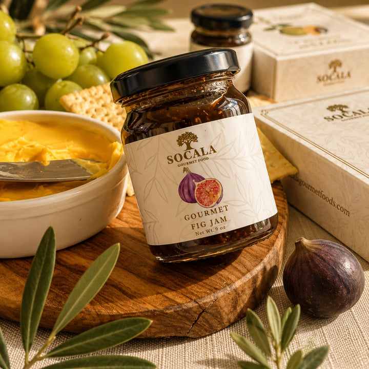 A jar of Socala Gourmet Fig Jam is displayed on a wooden board with a bowl of yellow spread, crackers, green grapes, olives, and figs, alongside product boxes in the background.