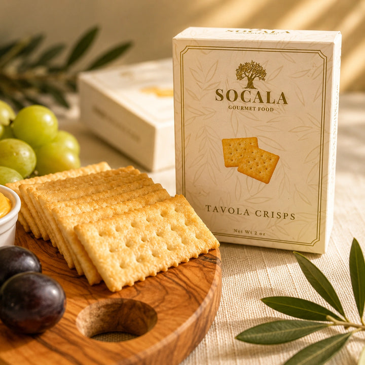 A box of Socala Tavola Crisps gourmet crackers stands on a table beside a wooden board holding several square golden crackers, with green grapes and olive leaves around the scene.