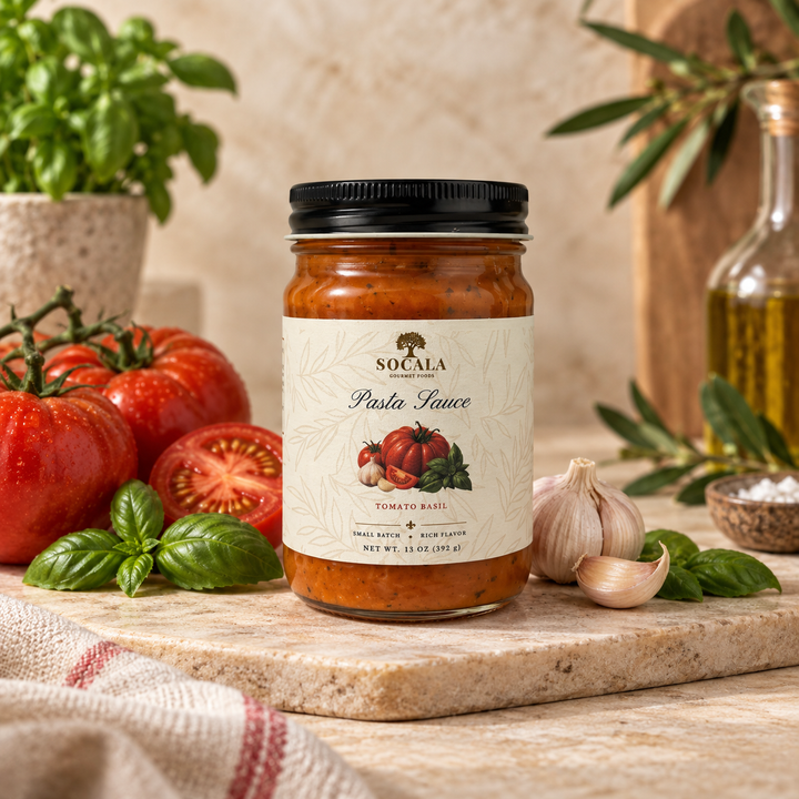 A jar of Socala Tomato Basil Pasta Sauce sits on a stone cutting board surrounded by fresh tomatoes, basil leaves, garlic, and olive oil, with a warm rustic background.