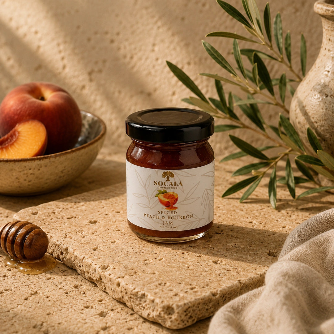 A glass jar of Socala Spiced Peach & Bourbon Jam sits on a textured stone slab, surrounded by a bowl of fresh peaches, a wooden honey dipper, and green olive branches against a warm beige background.