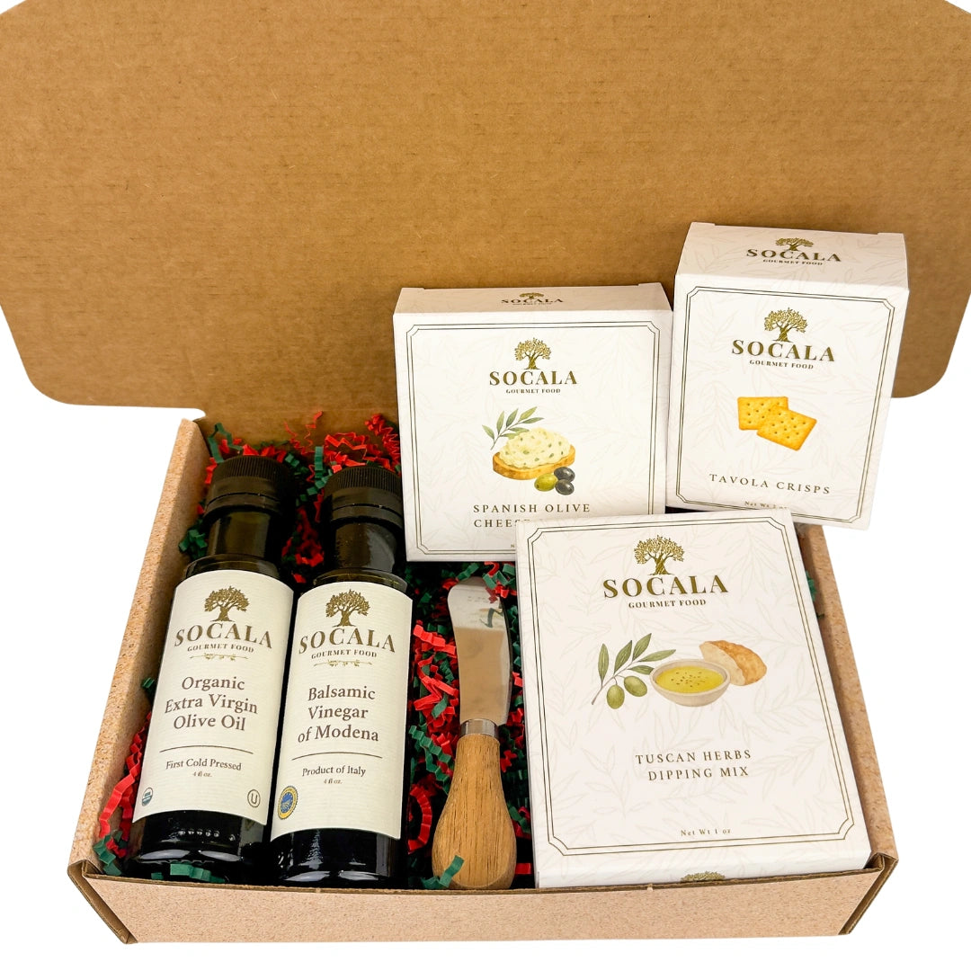 Socala olive oil and cheese gift set in a cardboard box
