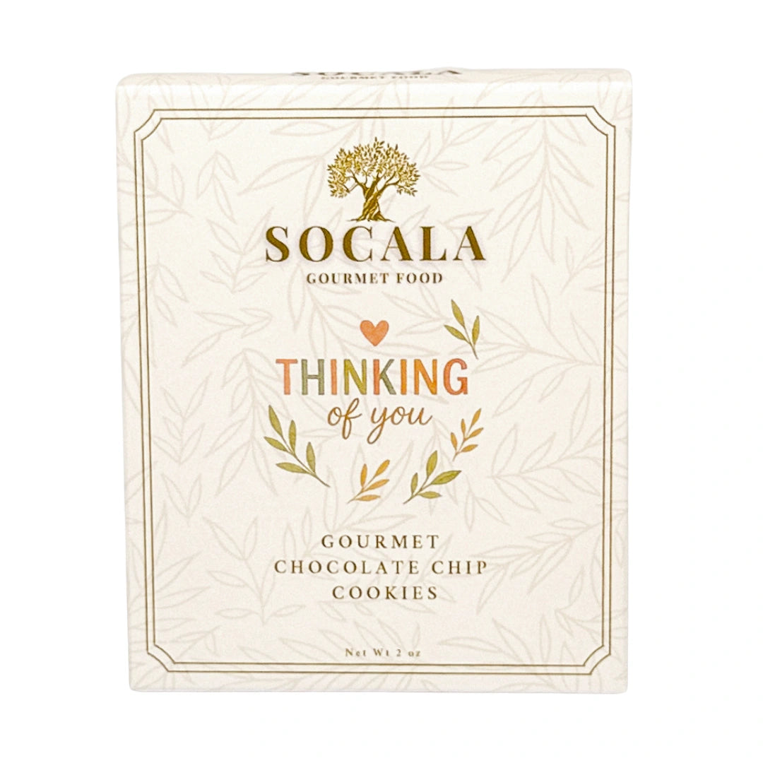 Socala Gourmet Food cookie package with decorative text and design on a white background