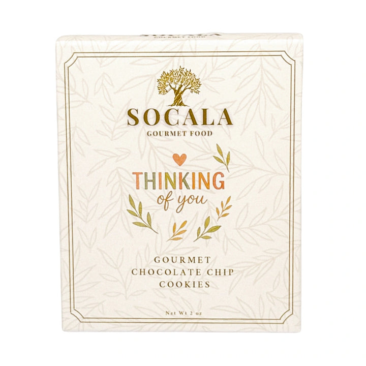 Socala Gourmet Food cookie package with decorative text and design on a white background